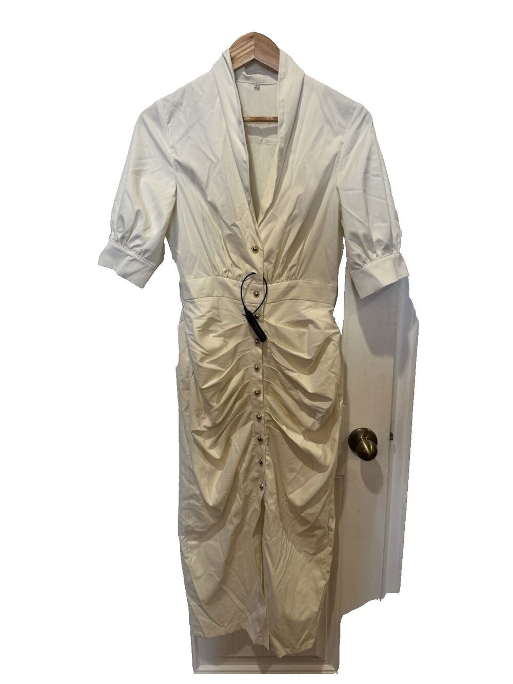 Modesees Ivory Ruched Button Front Puff Sleeve Midi Dress NWT Large